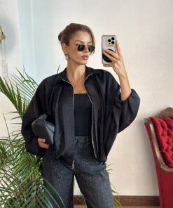 Siyah Saten Bomber Ceket