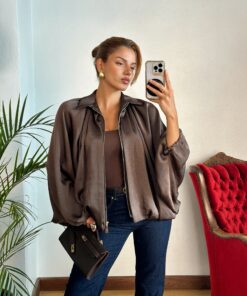 Acı Kahve Saten Bomber Ceket