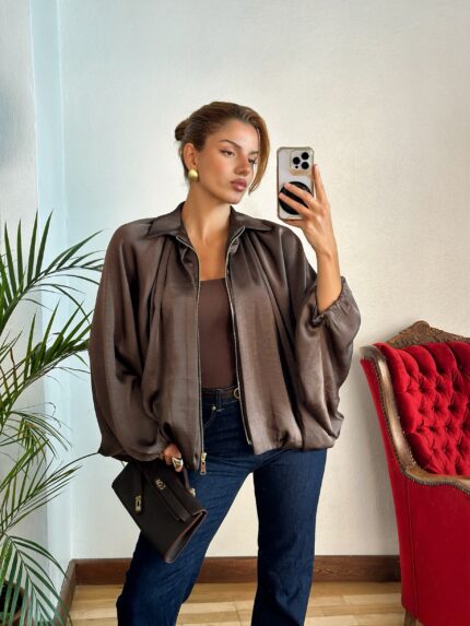 Acı Kahve Saten Bomber Ceket