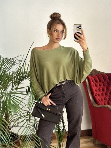 Yeşil Yarasa Kol Kayık Yaka Triko