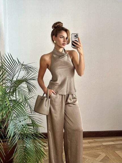 Vizon Saten Sırt Dekolteli Takım