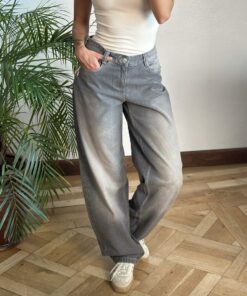 Düşük Bel Eskitme Gri Baggy Jean