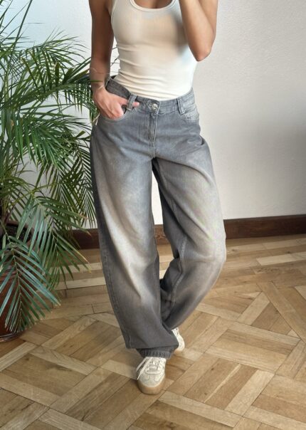 Düşük Bel Eskitme Gri Baggy Jean