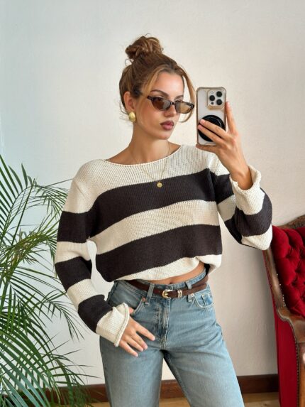 Çizgili Kayık Yaka Merserize Triko