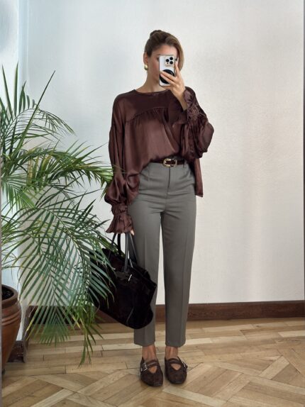 Kahve Saten Bluz