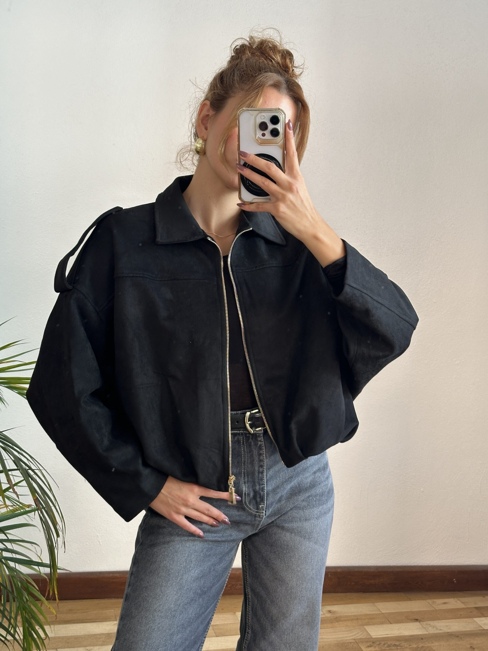 Siyah Süet Bomber Ceket - Görsel 2