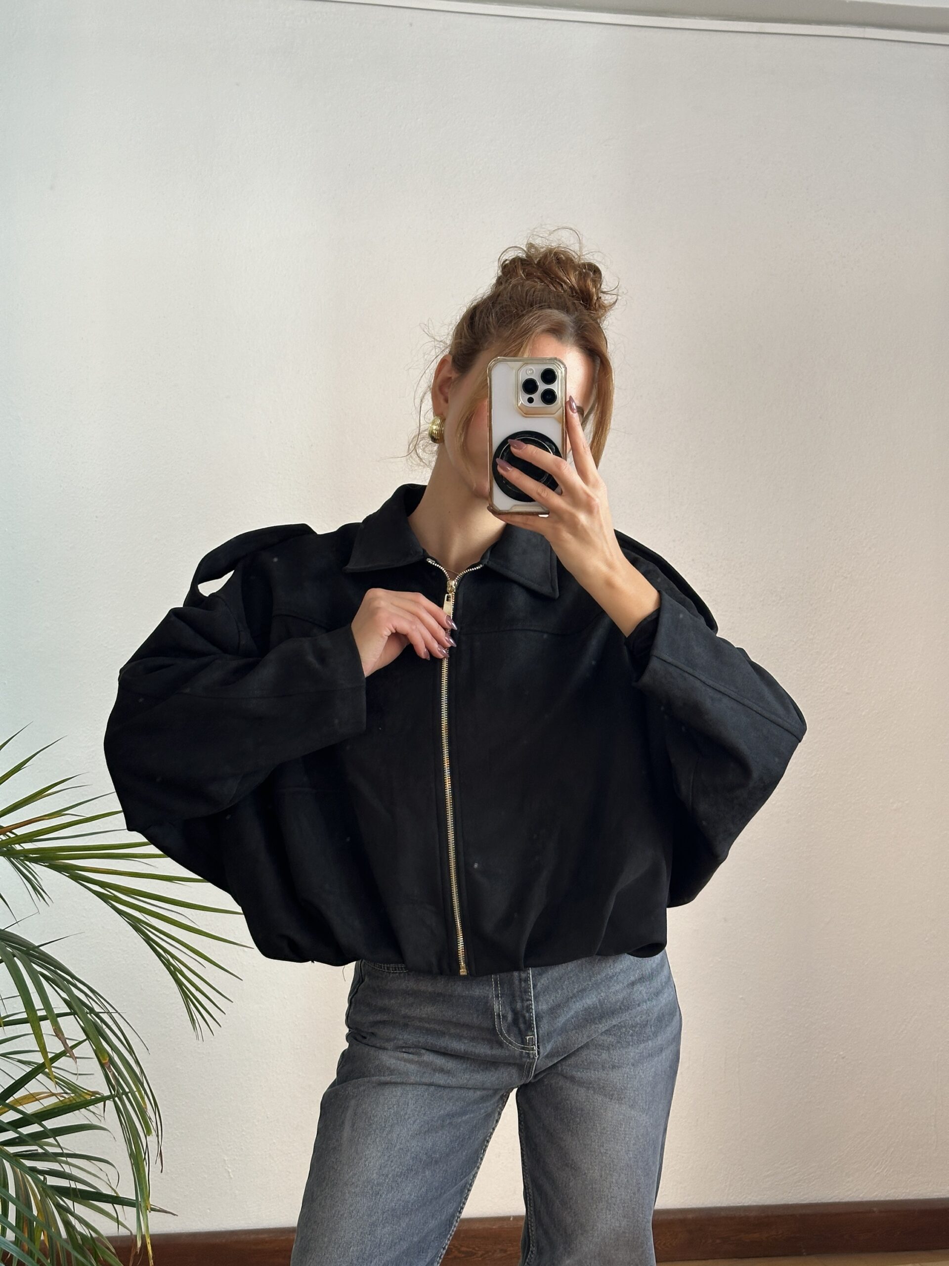 Siyah Süet Bomber Ceket - Görsel 3