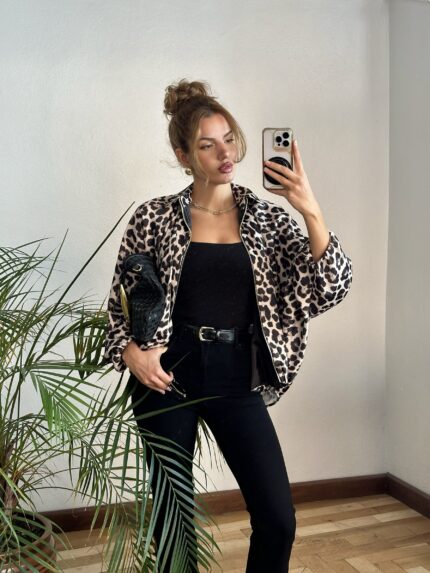 Saten Leoparlı Ceket