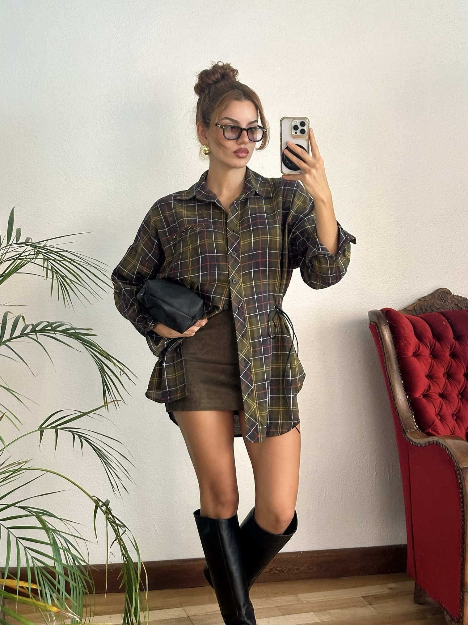 Kareli Beli Bağlamalı Gömlek