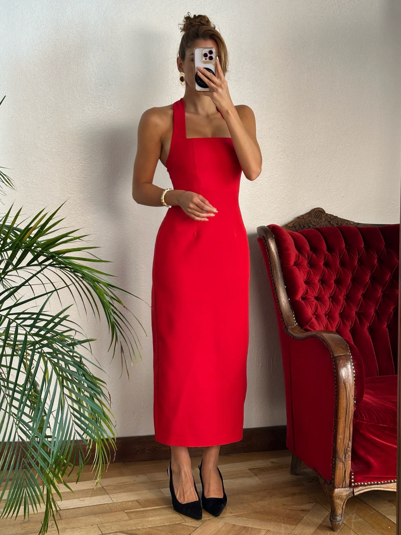 Kırmızı Midi Sırt Dekolteli Elbise - Görsel 3