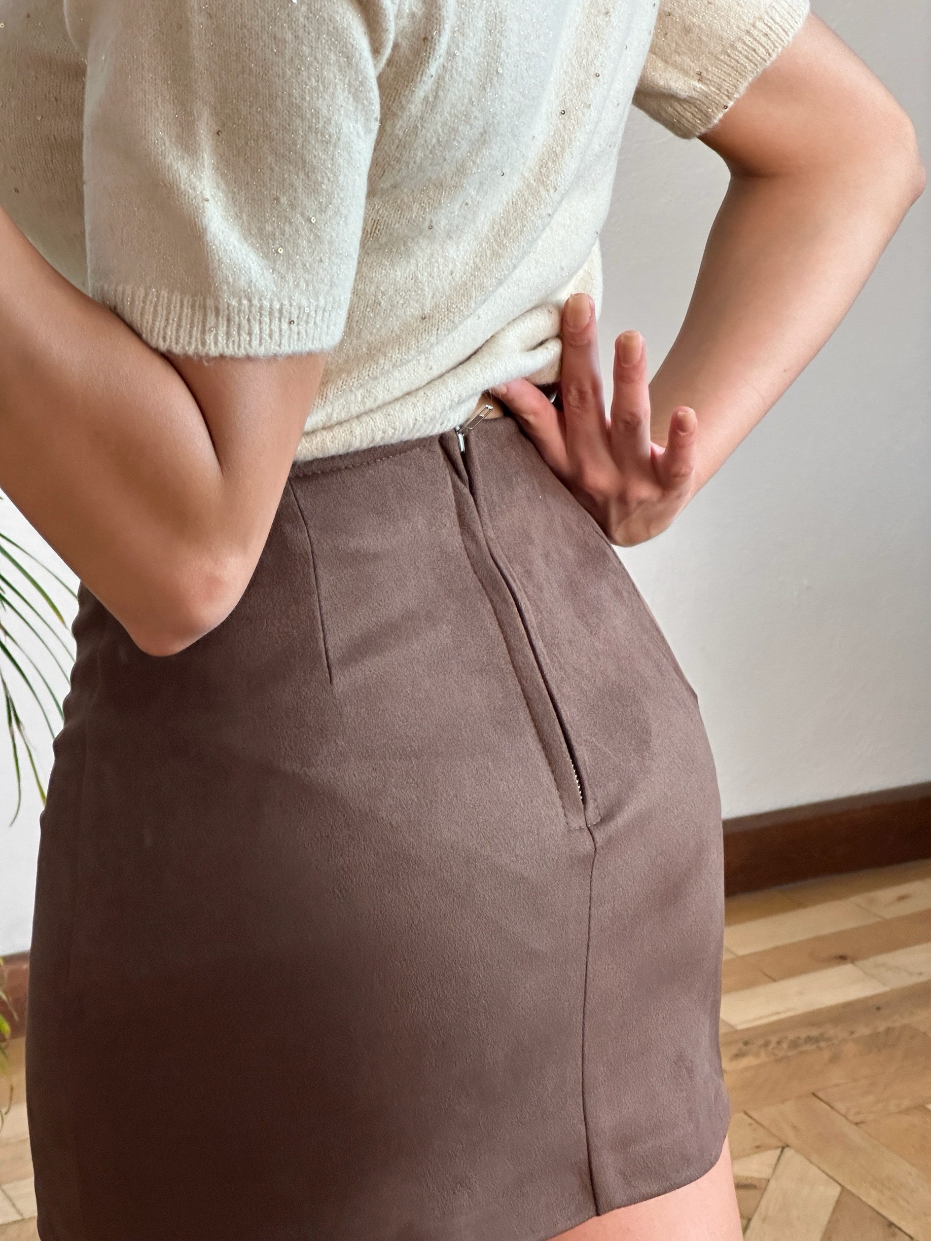 Kahve Süet Mini Etek - Görsel 3