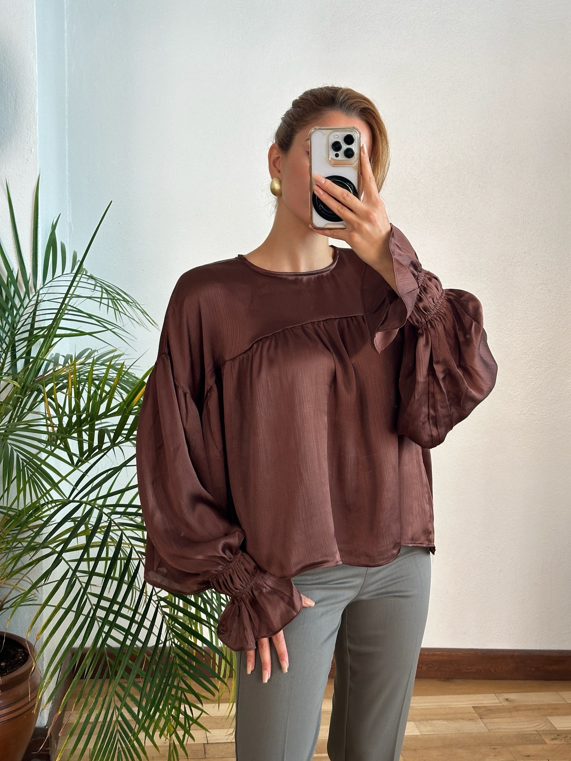 Kahve Saten Bluz - Görsel 2