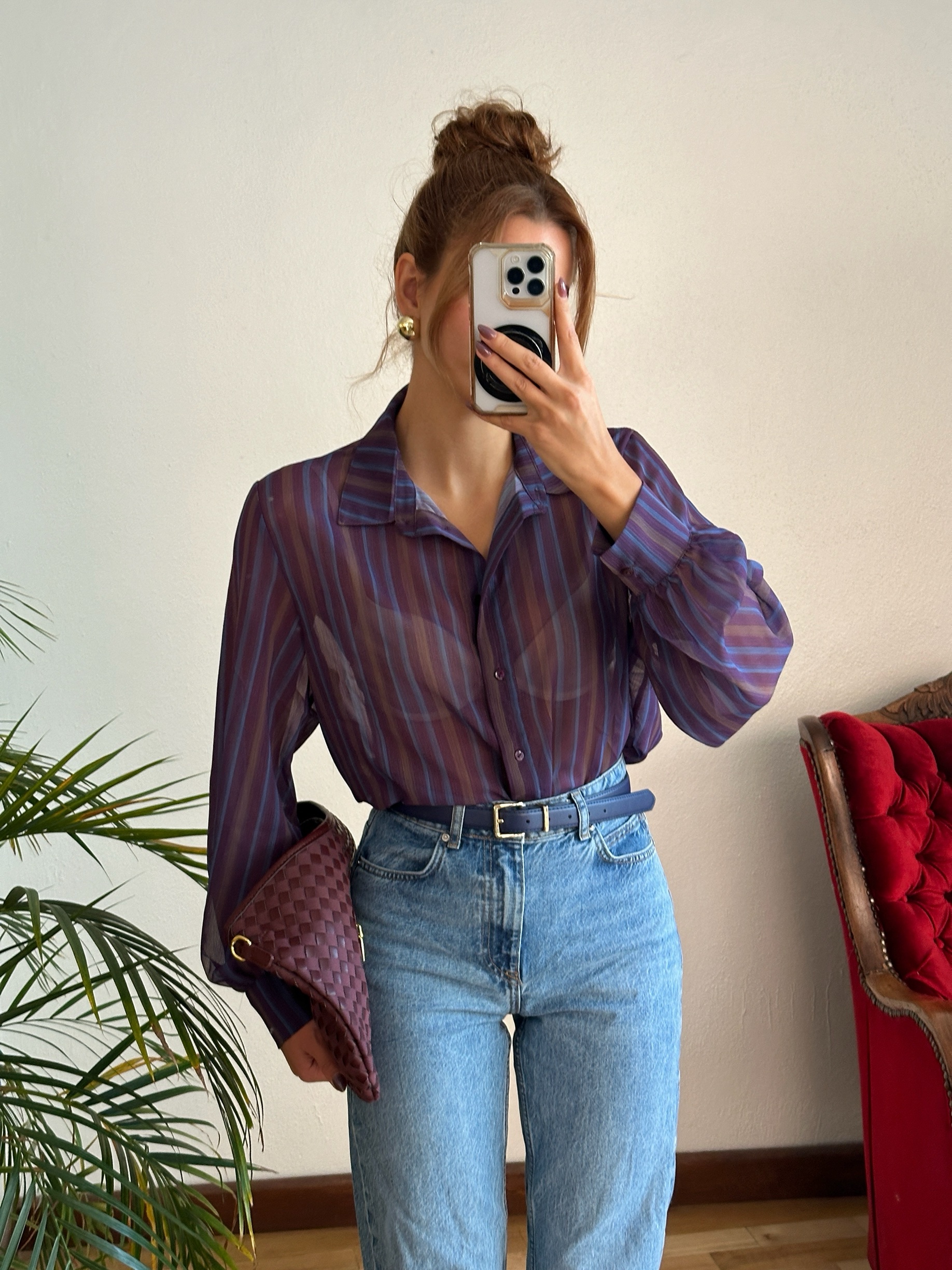 Mor Çizgili Transparan Gömlek