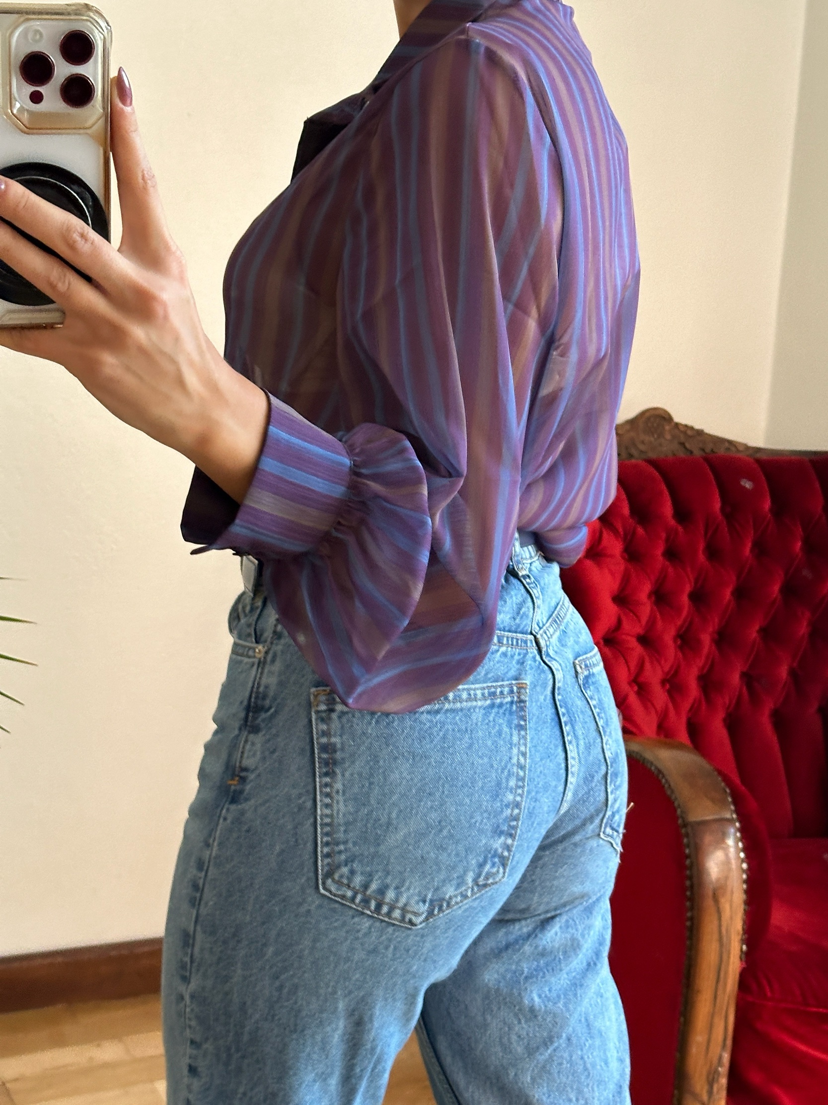 Mor Çizgili Transparan Gömlek - Görsel 2