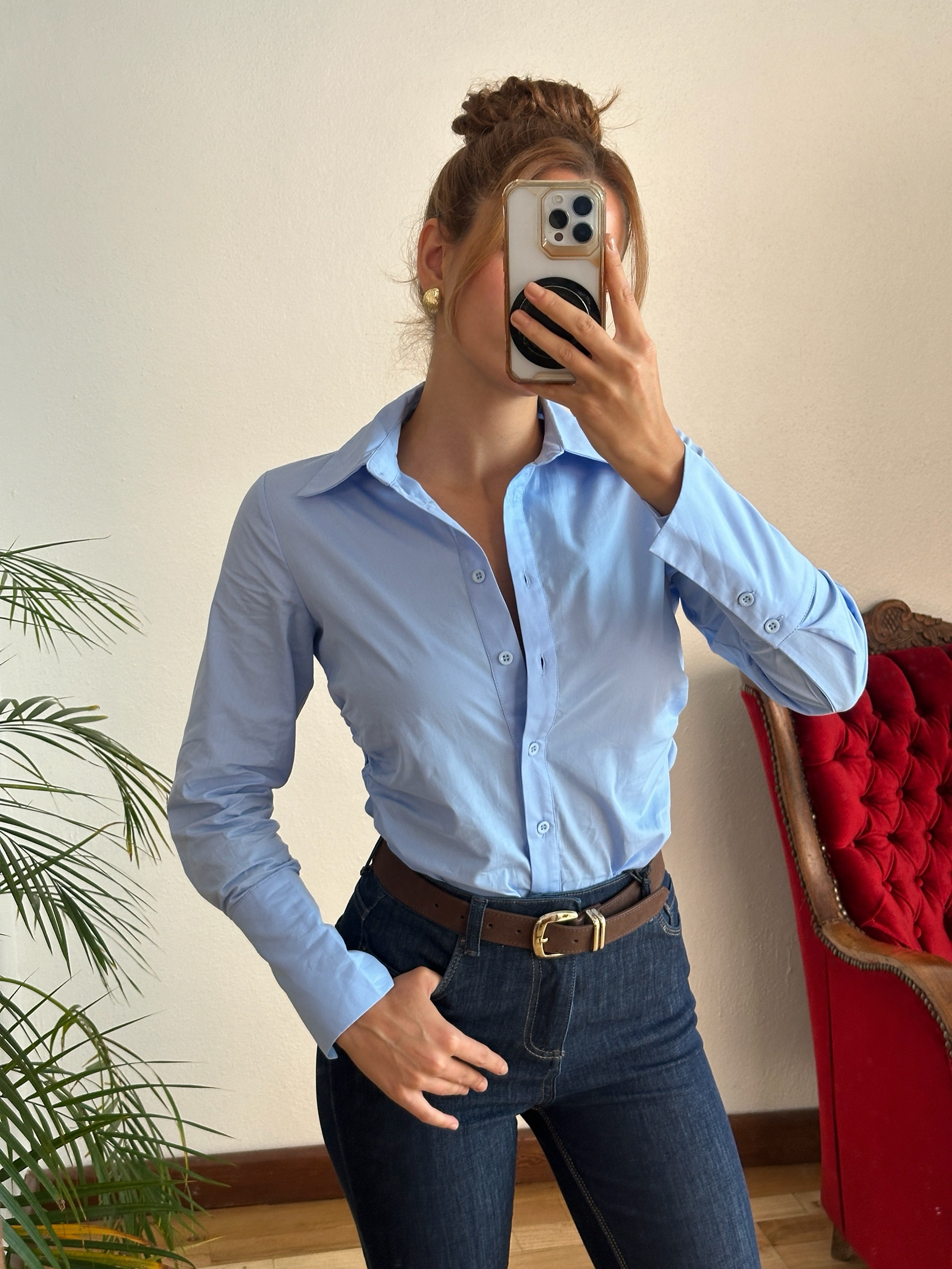 Mavi Beli Büzgülü Gömlek