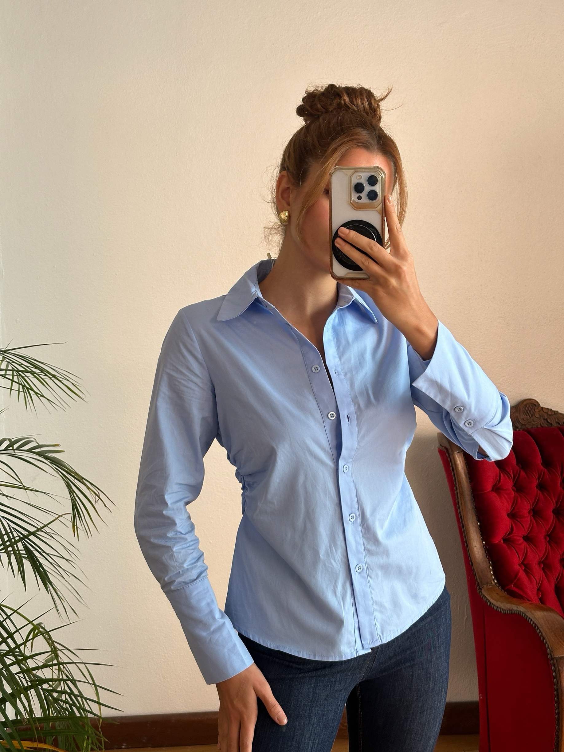 Mavi Beli Büzgülü Gömlek - Görsel 3