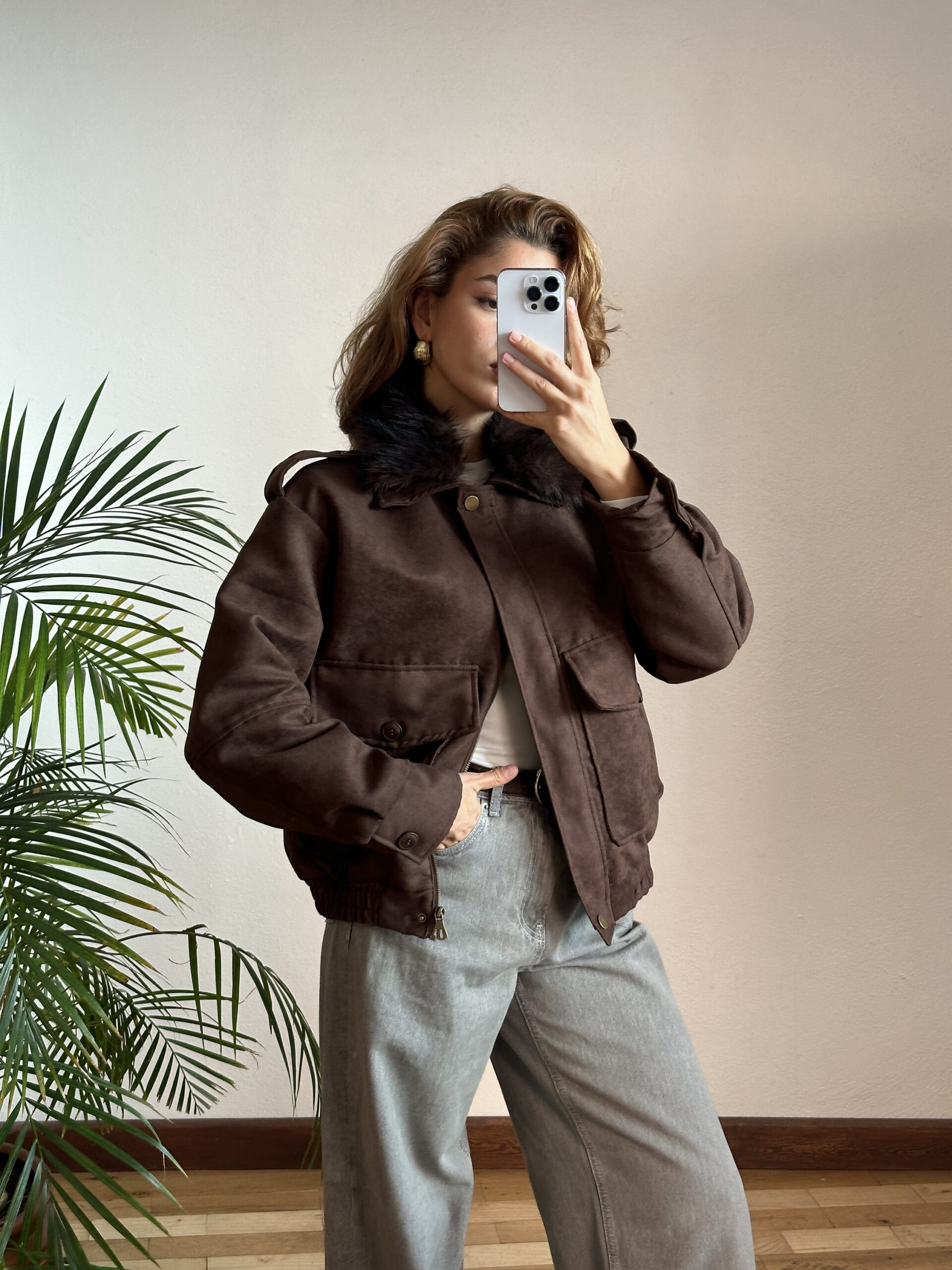 Yakası Kürklü Süet Bomber Ceket - Görsel 2