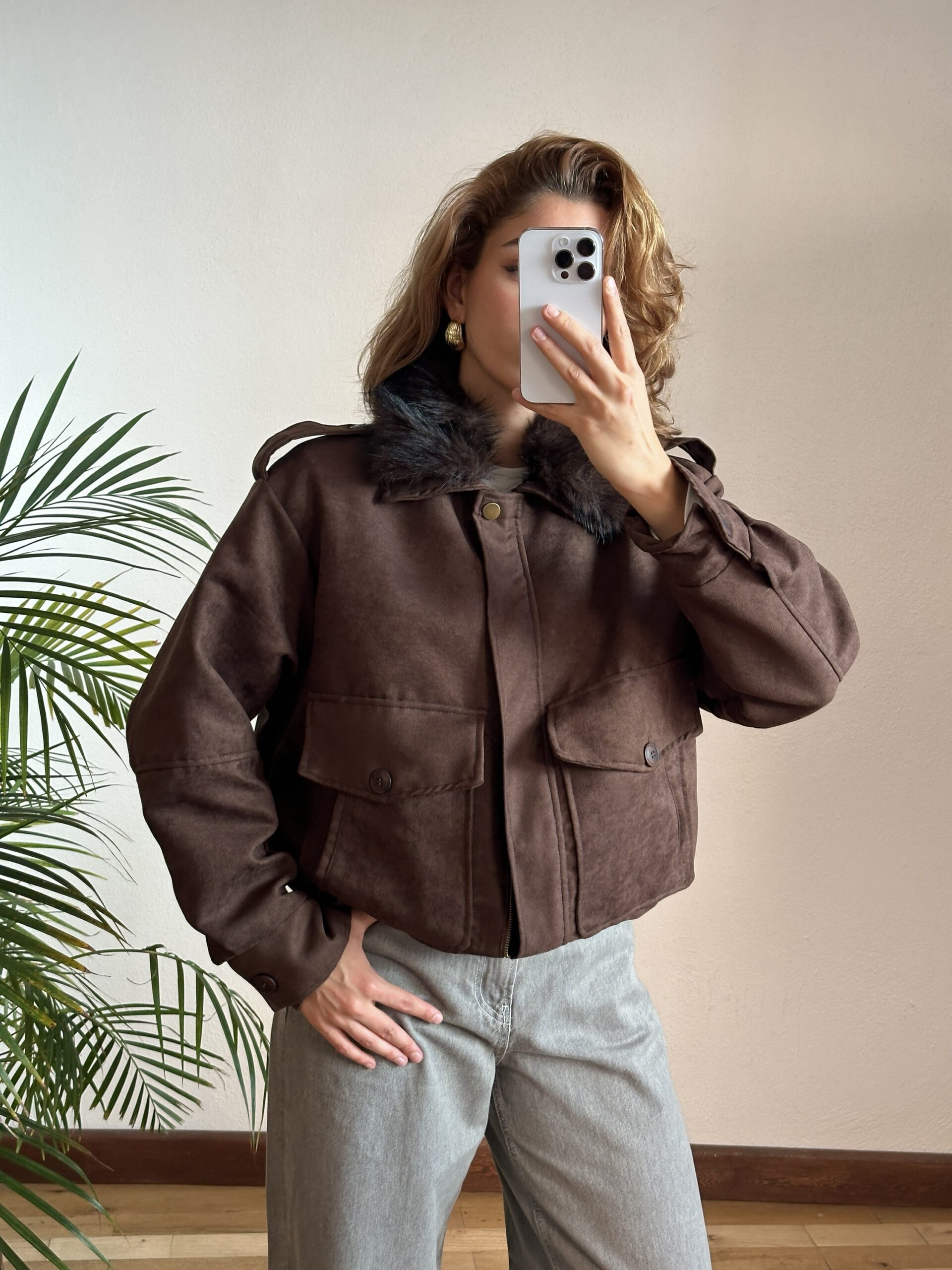 Yakası Kürklü Süet Bomber Ceket - Görsel 4