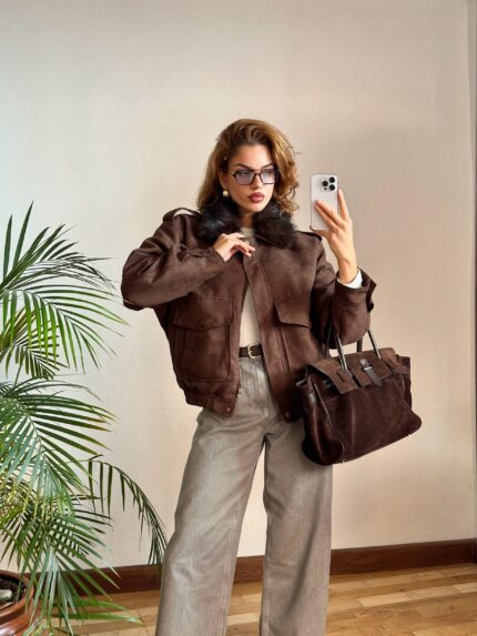 Yakası Kürklü Süet Bomber Ceket