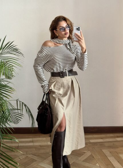 Önden Yırtmaçlı Kemerli Maxi Etek