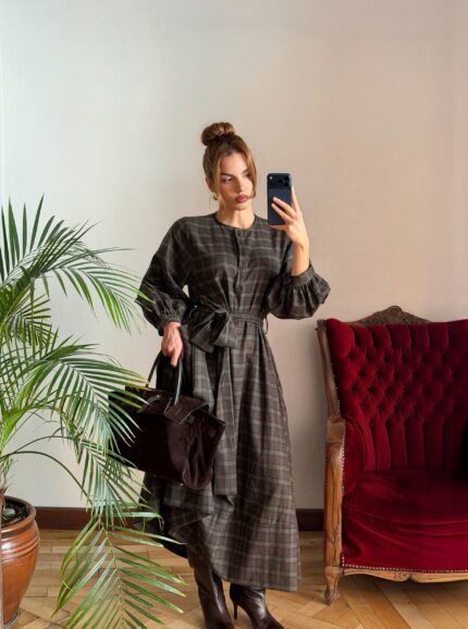 Ekose Kahve-Haki Midi Elbise