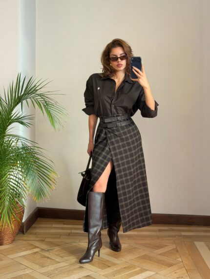 Yırtmaçlı Ekose Midi Etek