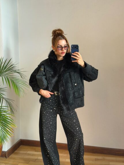 Siyah Kürklü Süet Ceket