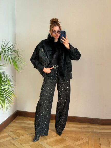 Taşlı Siyah Balon Jean