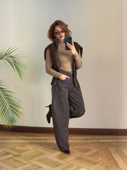 Acı Kahve Taşlı Balon Jean