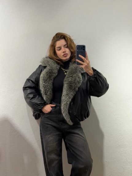 Yakası Kürklü Deri Bomber Ceket