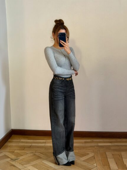 Paçası Katlı Antrasit Jean