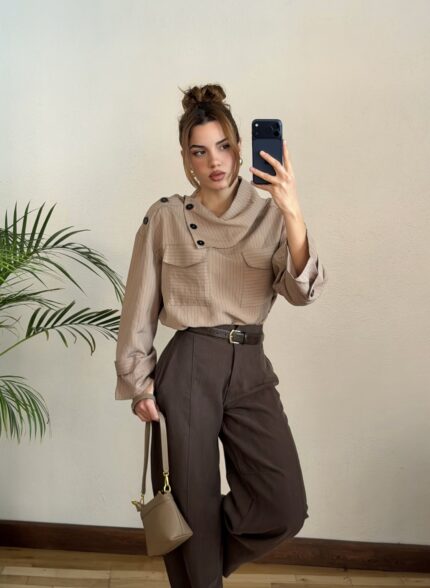 Düğme Detaylı Vizon Çizgili Gömlek