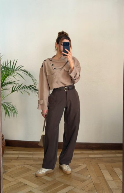 Paçası Düğmeli Acı Kahve Balon Pantolon