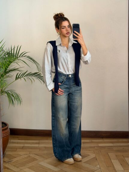 Eskitme Lacivert Baggy Jean