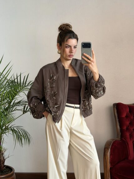 İşlemeli Acı Kahve Bomber Ceket