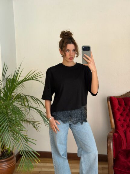 Dantelli Siyah Tshirt