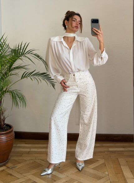 Taşlı Beyaz Bol Jean